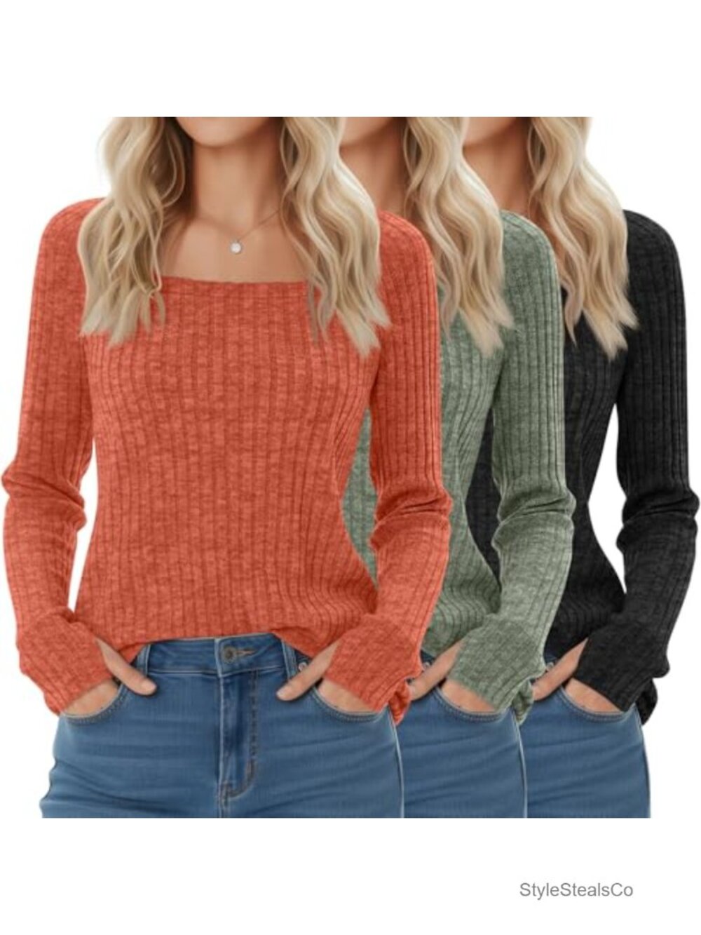 3 Pack Women's Long Sleeve Tunic Tops Square Neck Thumbhole Casual